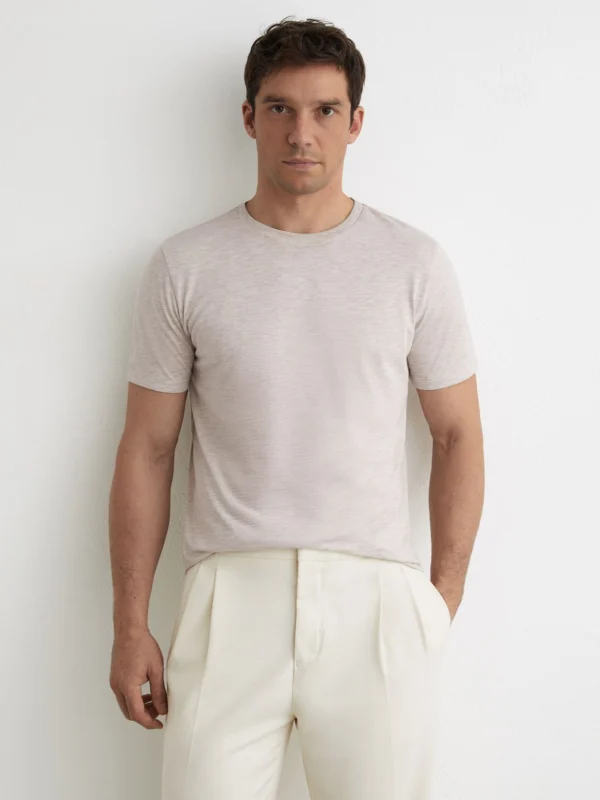 Reiss Wheat Melange Marl Cotton-blend Tailored-fit T-shirt
