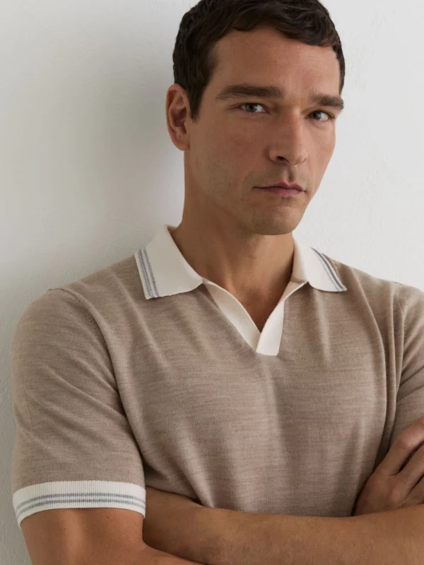Reiss Wheat Melange Merino Wool Tipped Polo Jumper