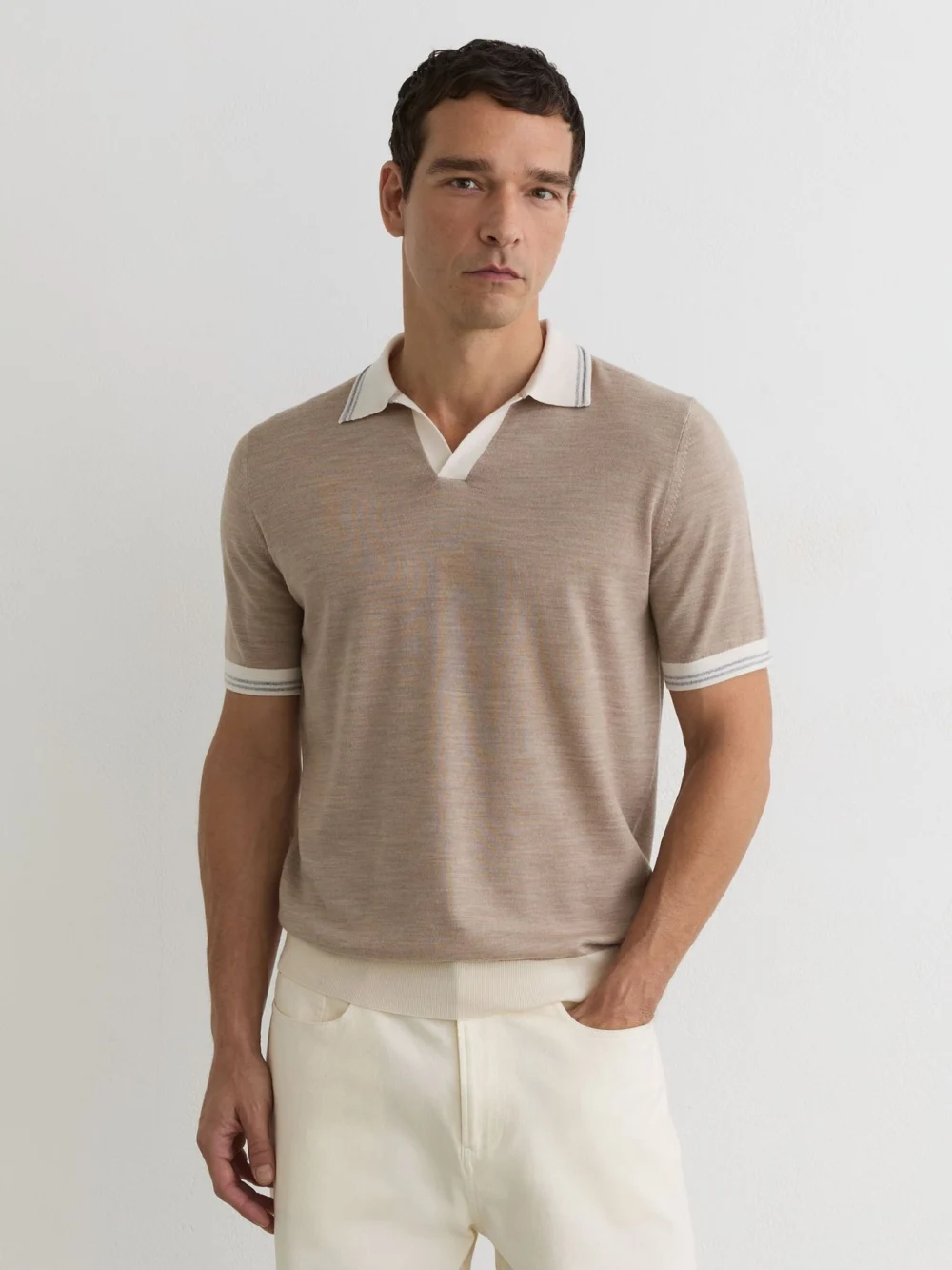 Reiss Wheat Melange Merino Wool Tipped Polo Jumper, view 3