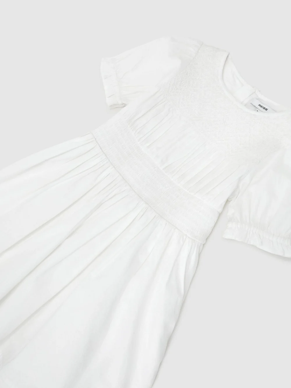 Reiss White 13-14 yrs Cotton Shirred Puff-sleeve Dress,