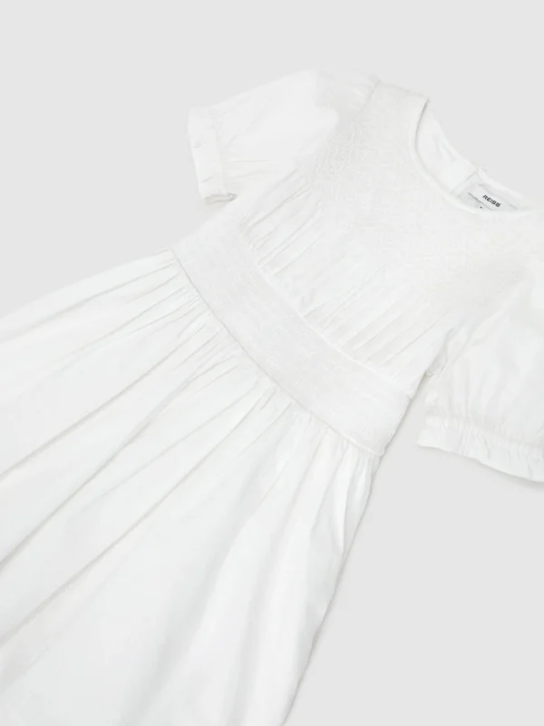 Reiss White 13-14 yrs Cotton Shirred Puff-sleeve Dress,