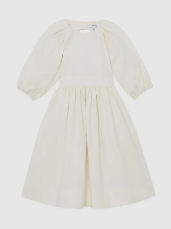 Reiss White 13-14 yrs Puff-sleeve Tie-back Midi Dress, Years,