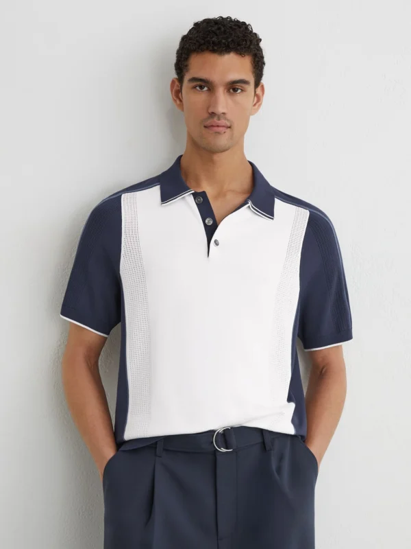 Reiss White & Airforce Blue Colour-block Knitted Polo Shirt