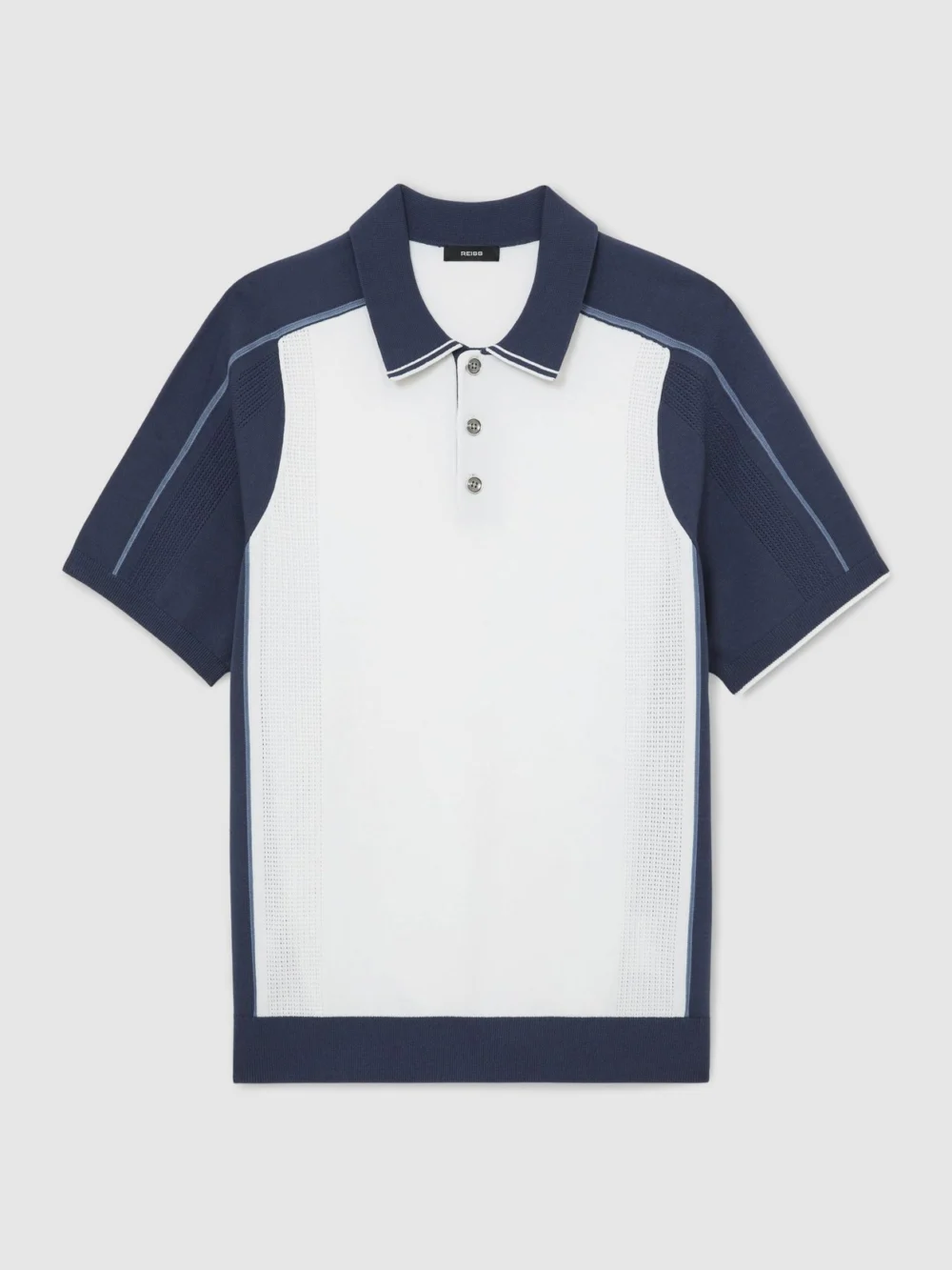 Reiss White & Airforce Blue Colour-block Knitted Polo Shirt, view 2