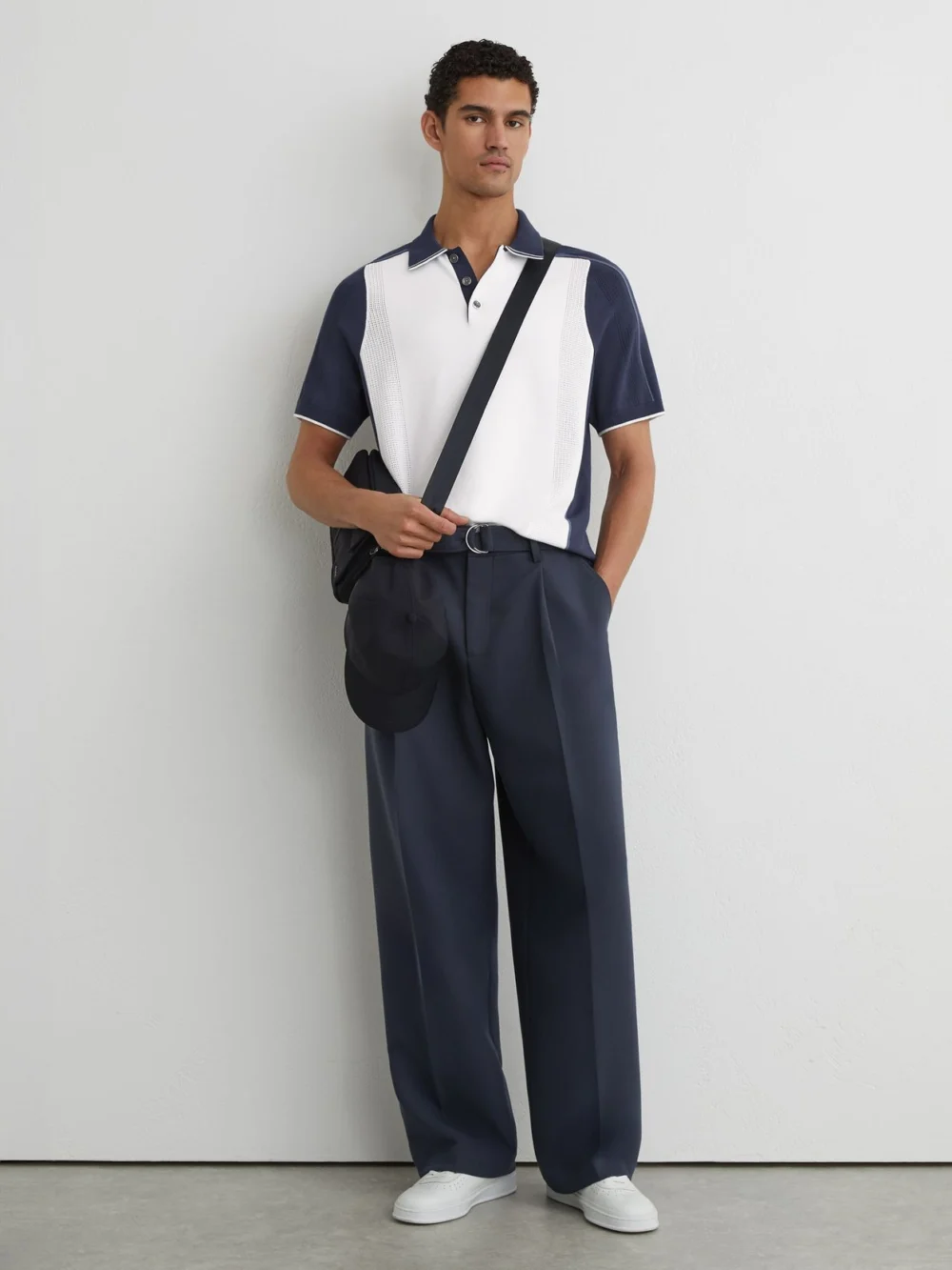 Reiss White & Airforce Blue Colour-block Knitted Polo Shirt, view 3