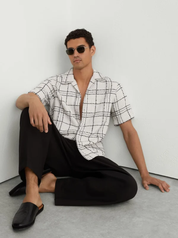 Reiss White & Black Textured Check Cuban-collar Shirt with Cotton