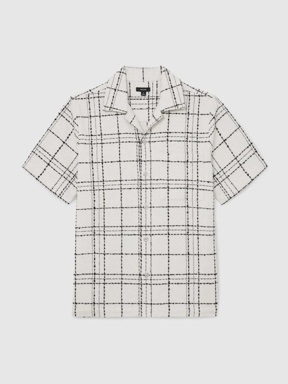 Reiss White & Black Textured Check Cuban-collar Shirt with Cotton, view 2