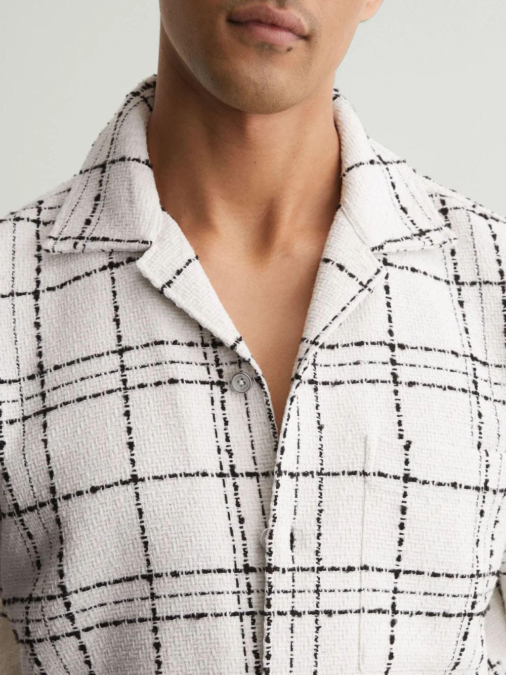 Reiss White & Black Textured Check Cuban-collar Shirt with Cotton, view 3