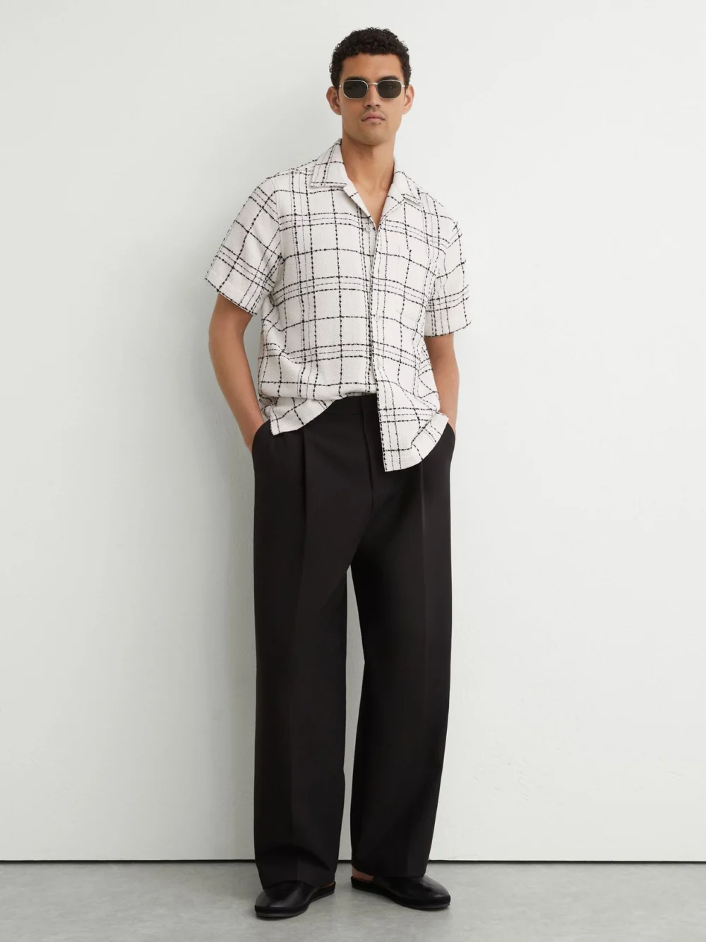 Reiss White & Black Textured Check Cuban-collar Shirt with Cotton, view 4