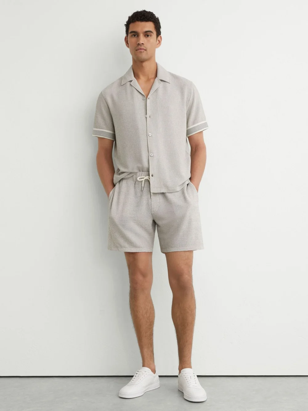 Reiss White & Black Textured Stripe Drawstring Shorts in white/black