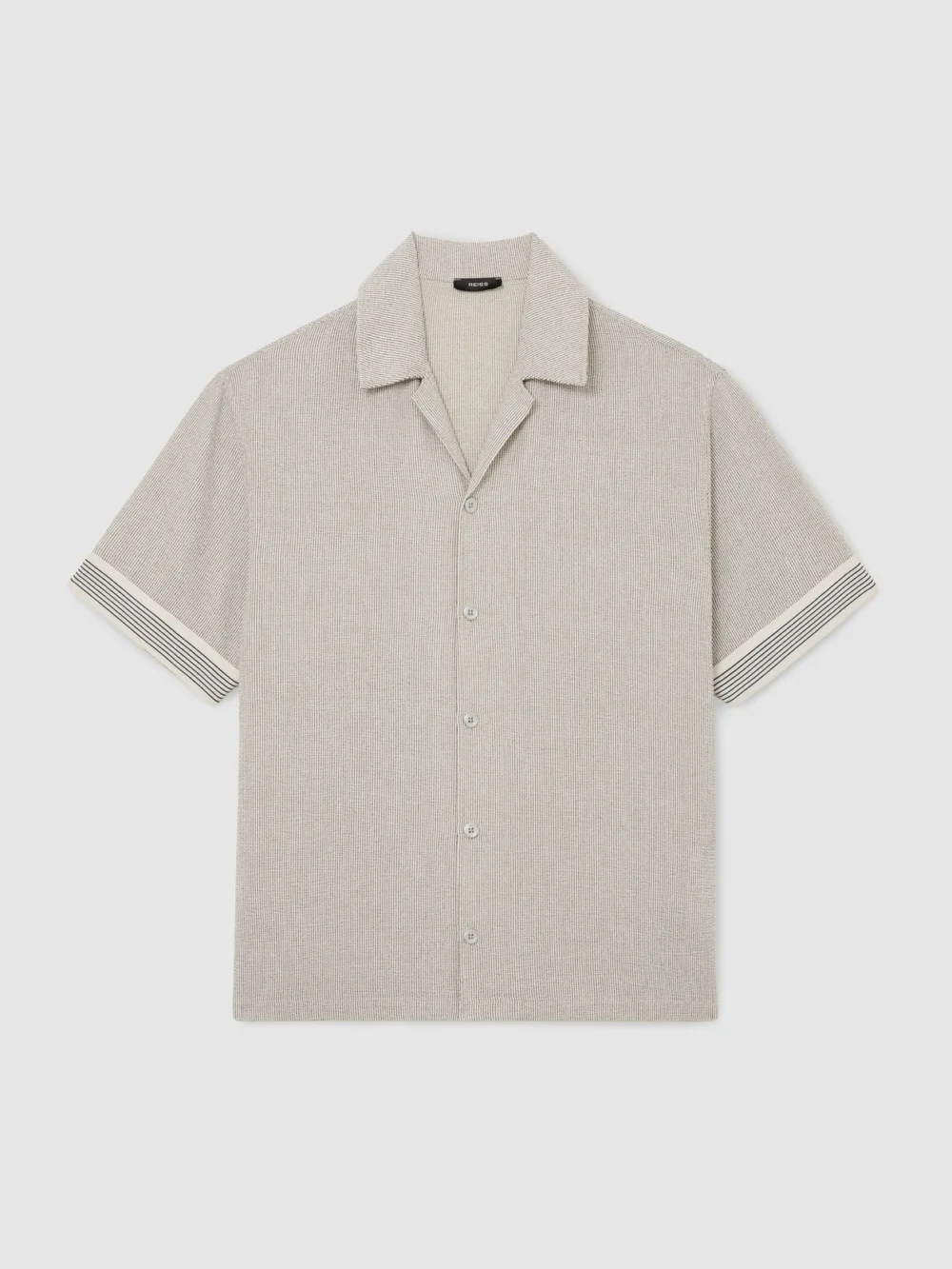 Reiss White & Black Textured Stripe-tape Cuban-collar Shirt, view 2