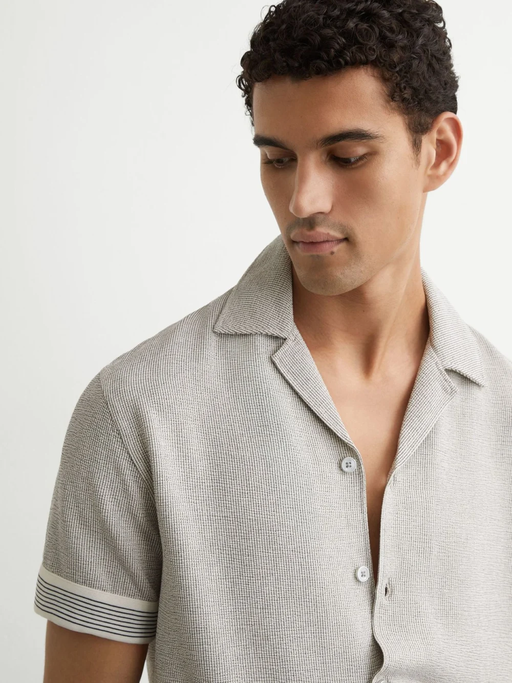 Reiss White & Black Textured Stripe-tape Cuban-collar Shirt, view 3