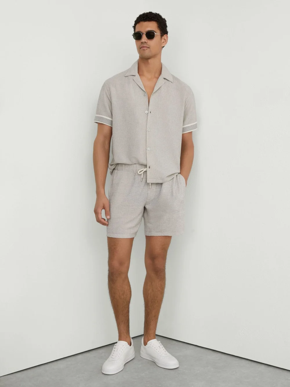 Reiss White & Black Textured Stripe-tape Cuban-collar Shirt, view 4