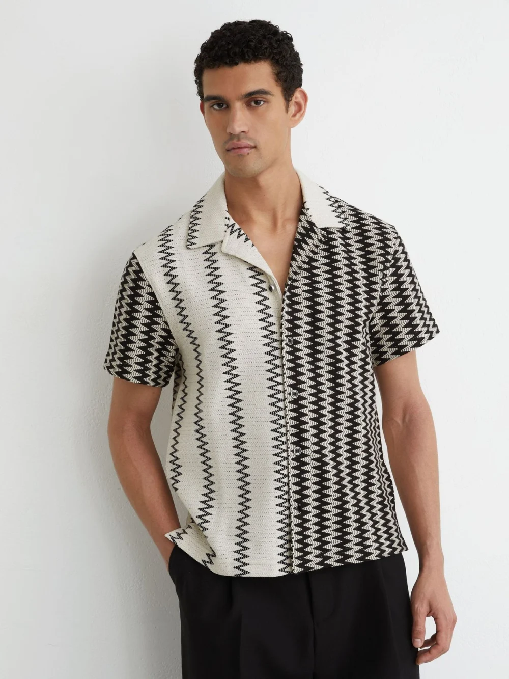 Reiss White & Black Zig-zag Crochet Cuban Collar Shirt in white/black