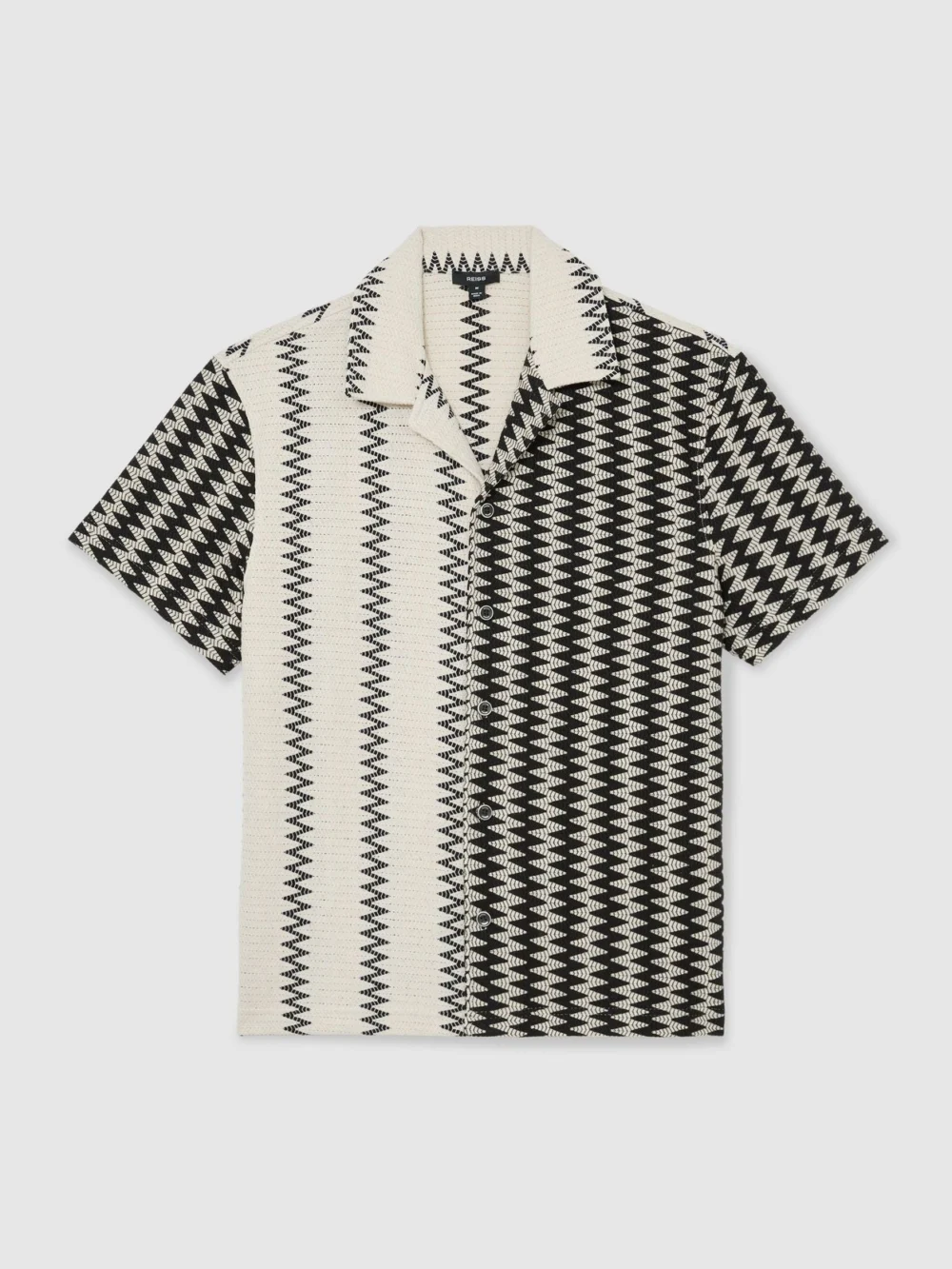 Reiss White & Black Zig-zag Crochet Cuban Collar Shirt, view 2