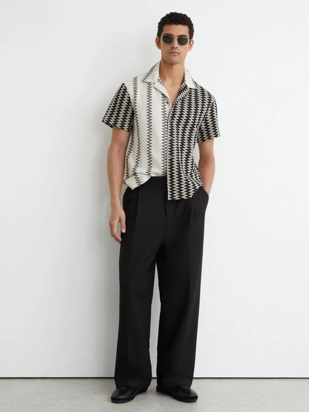Reiss White & Black Zig-zag Crochet Cuban Collar Shirt, view 3