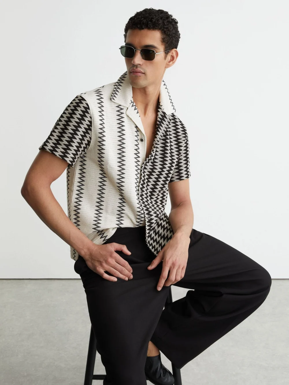 Reiss White & Black Zig-zag Crochet Cuban Collar Shirt, view 4
