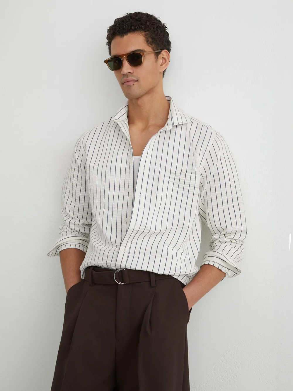 Reiss White & Blue -blend Seersucker Pinstripe Shirt Regular-fit in white/blue