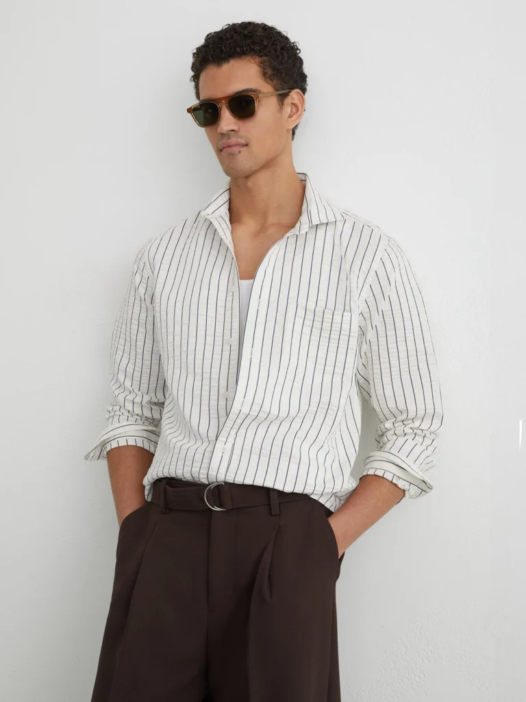 Reiss White & Blue -blend Seersucker Pinstripe Shirt Regular-fit