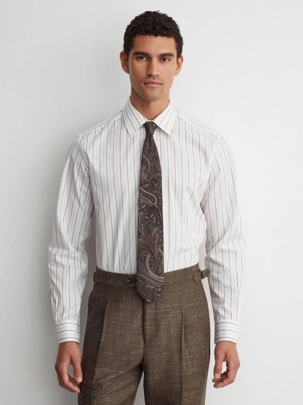 Reiss White & Brown Stripe Cotton Pinstripe Spread-collar Shirt Regular-fit in white/brown stripe
