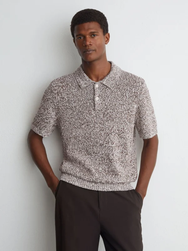 Reiss White & Camel Cotton-blend Half-button Marled Polo
