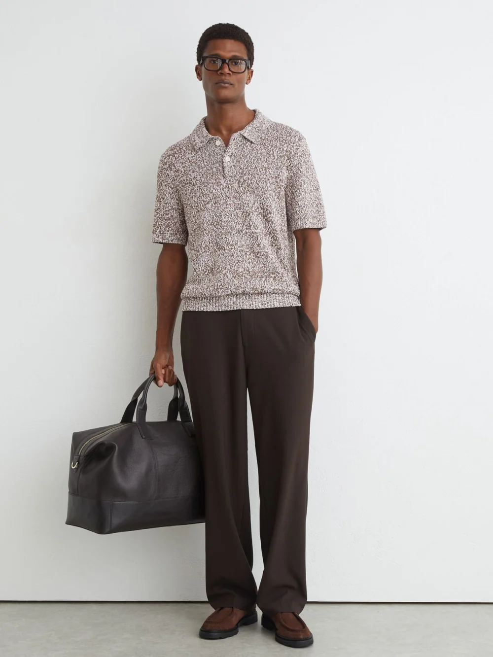 Reiss White & Camel Cotton-blend Half-button Marled Polo, view 3