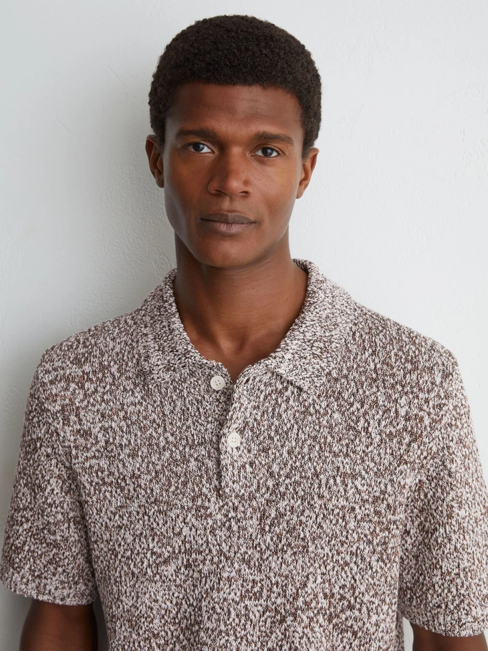 Reiss White & Camel Cotton-blend Half-button Marled Polo, view 4