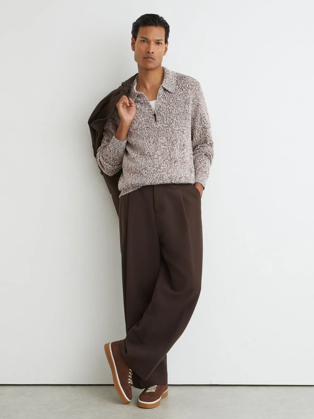 Reiss White & Camel Cotton-blend Marled Half-zip Polo Jumper in white/camel