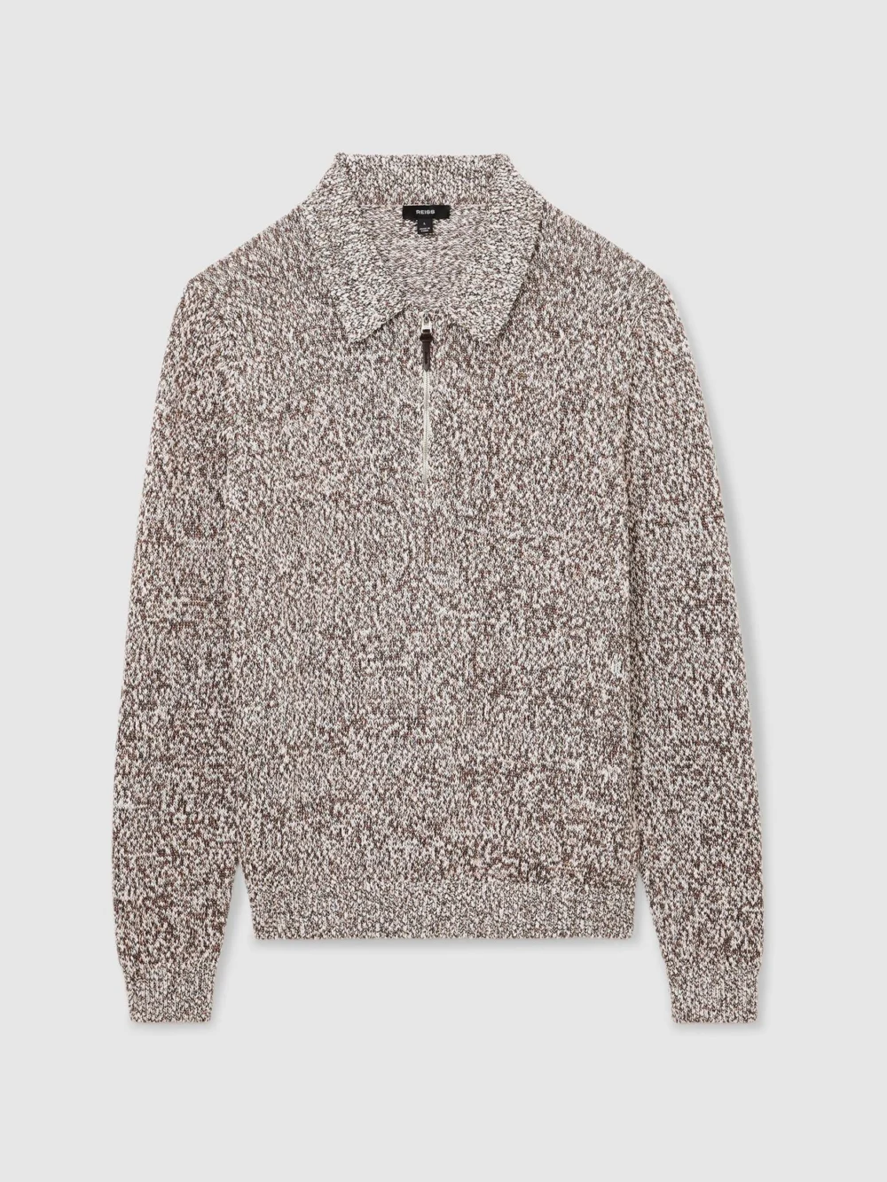 Reiss White & Camel Cotton-blend Marled Half-zip Polo Jumper, view 2