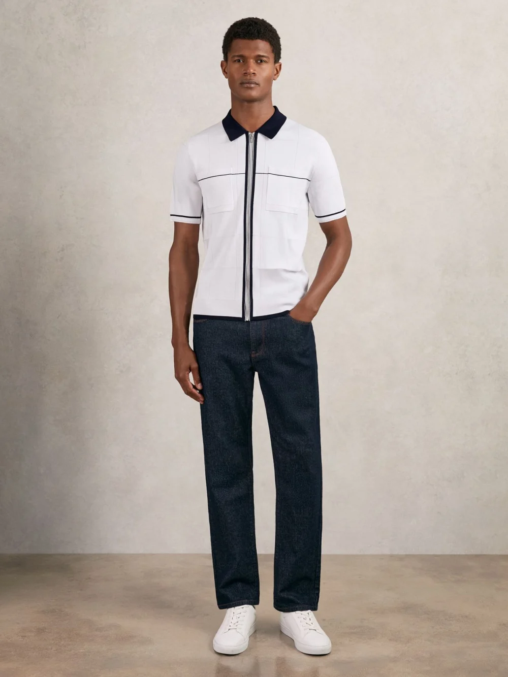 Reiss White & Navy & Blue Compact-knit Tipped Zip-through Shirt in white/navy/blue