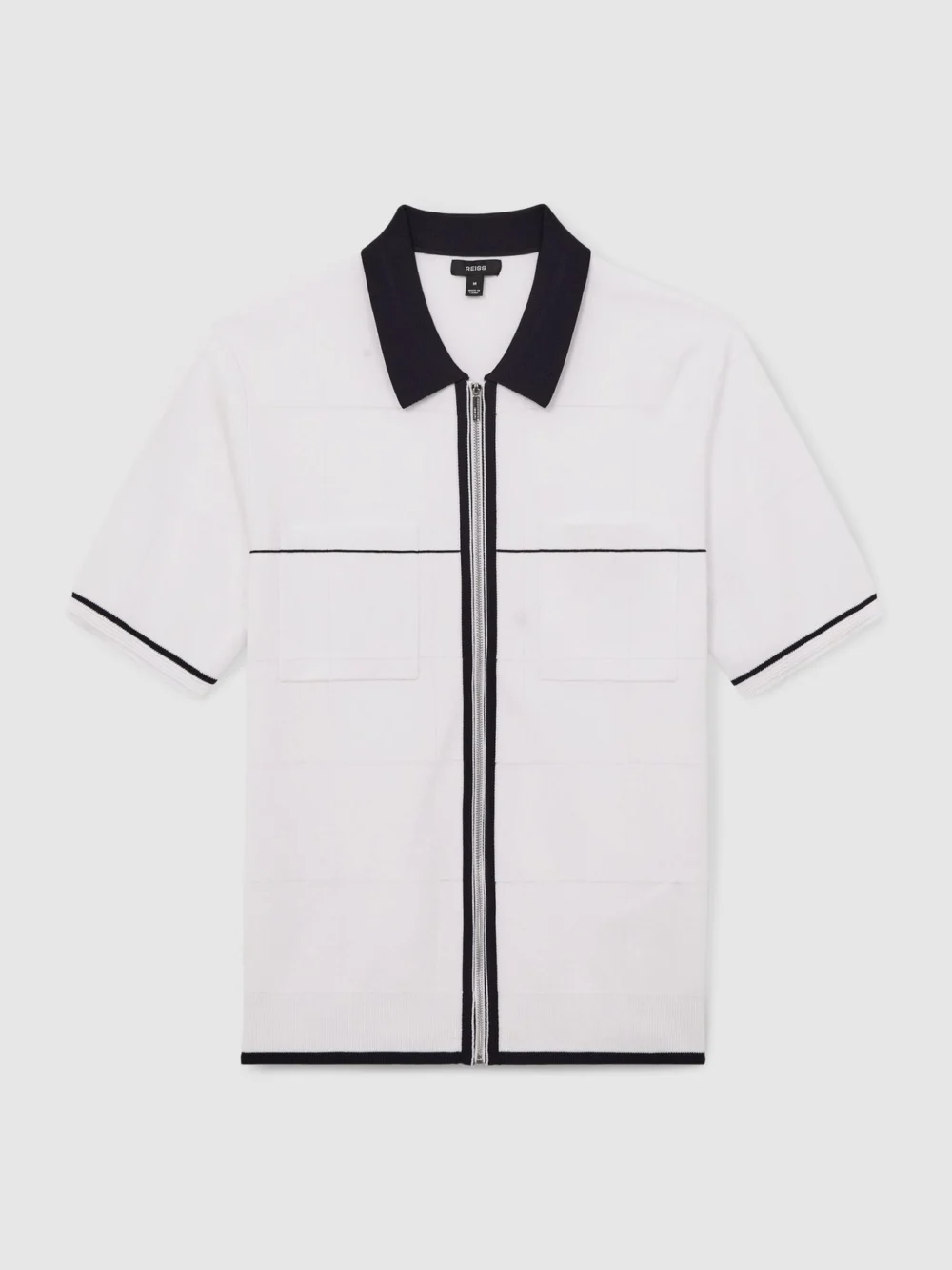 Reiss White & Navy & Blue Compact-knit Tipped Zip-through Shirt, view 2