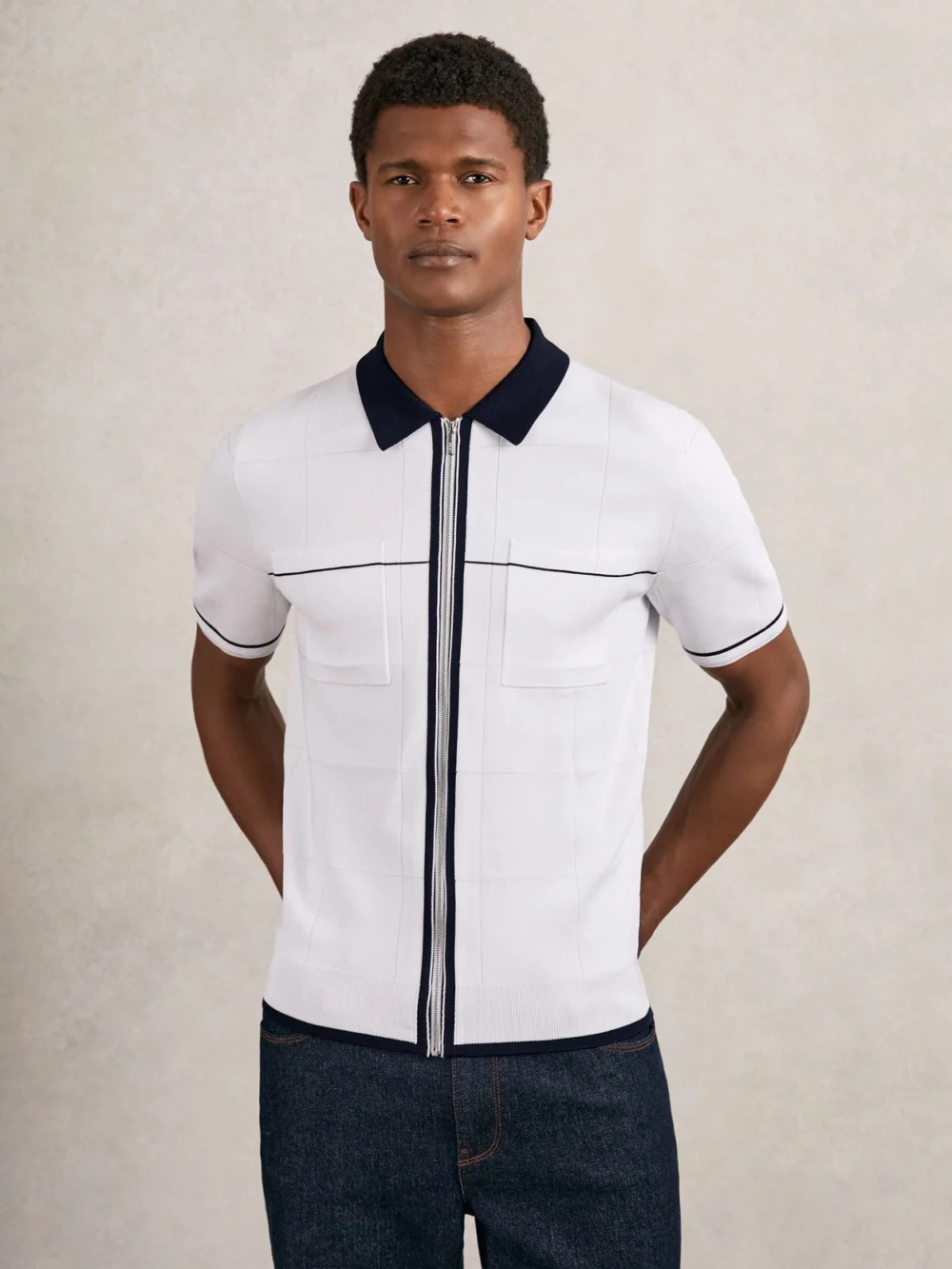 Reiss White & Navy & Blue Compact-knit Tipped Zip-through Shirt, view 3