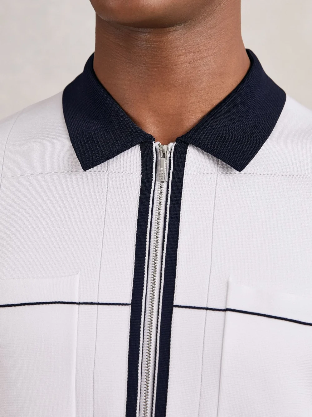 Reiss White & Navy & Blue Compact-knit Tipped Zip-through Shirt, view 4