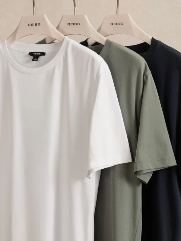 Reiss White & Navy & Sage 3 Pack Cotton Crew-neck Tailored-fit T-shirts 3-Pack