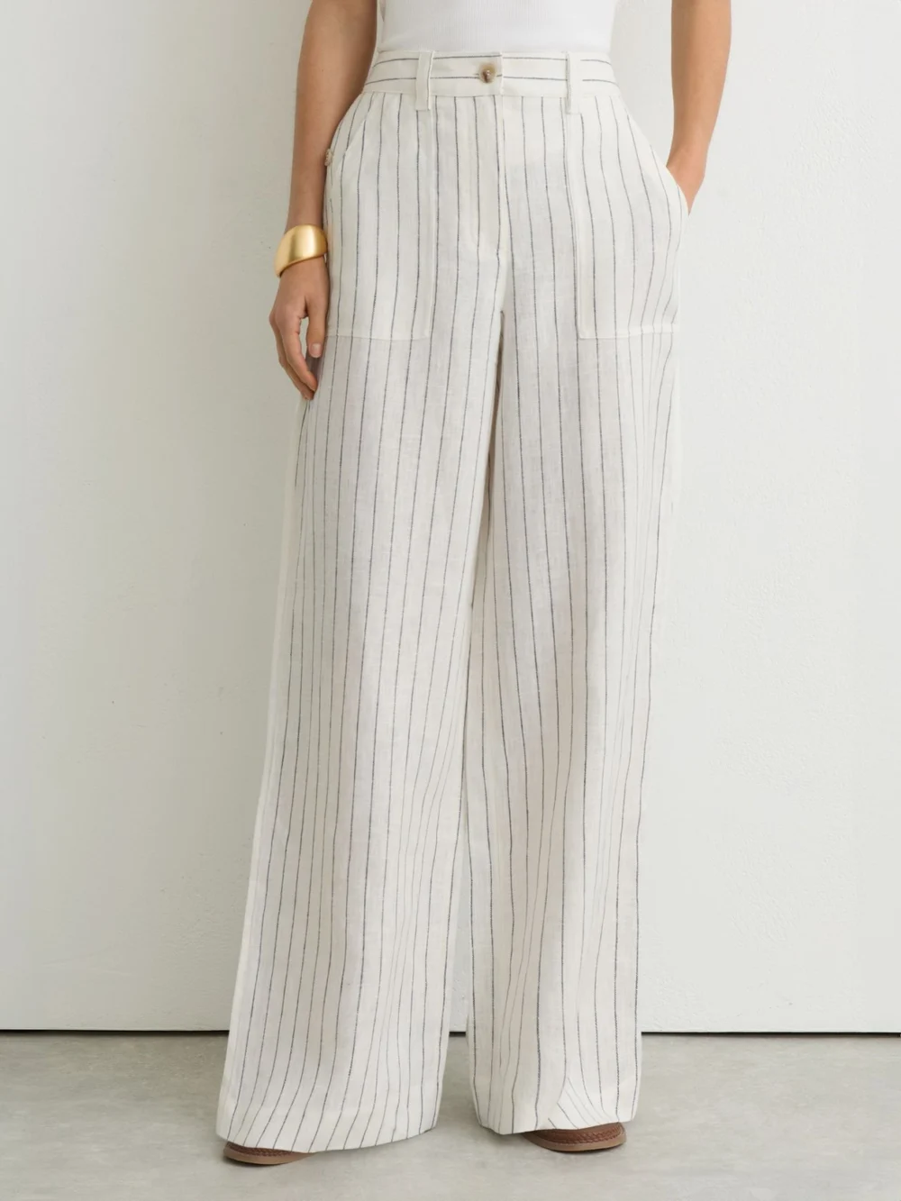 Reiss White & Navy Linen Wide Leg Trousers, view 3