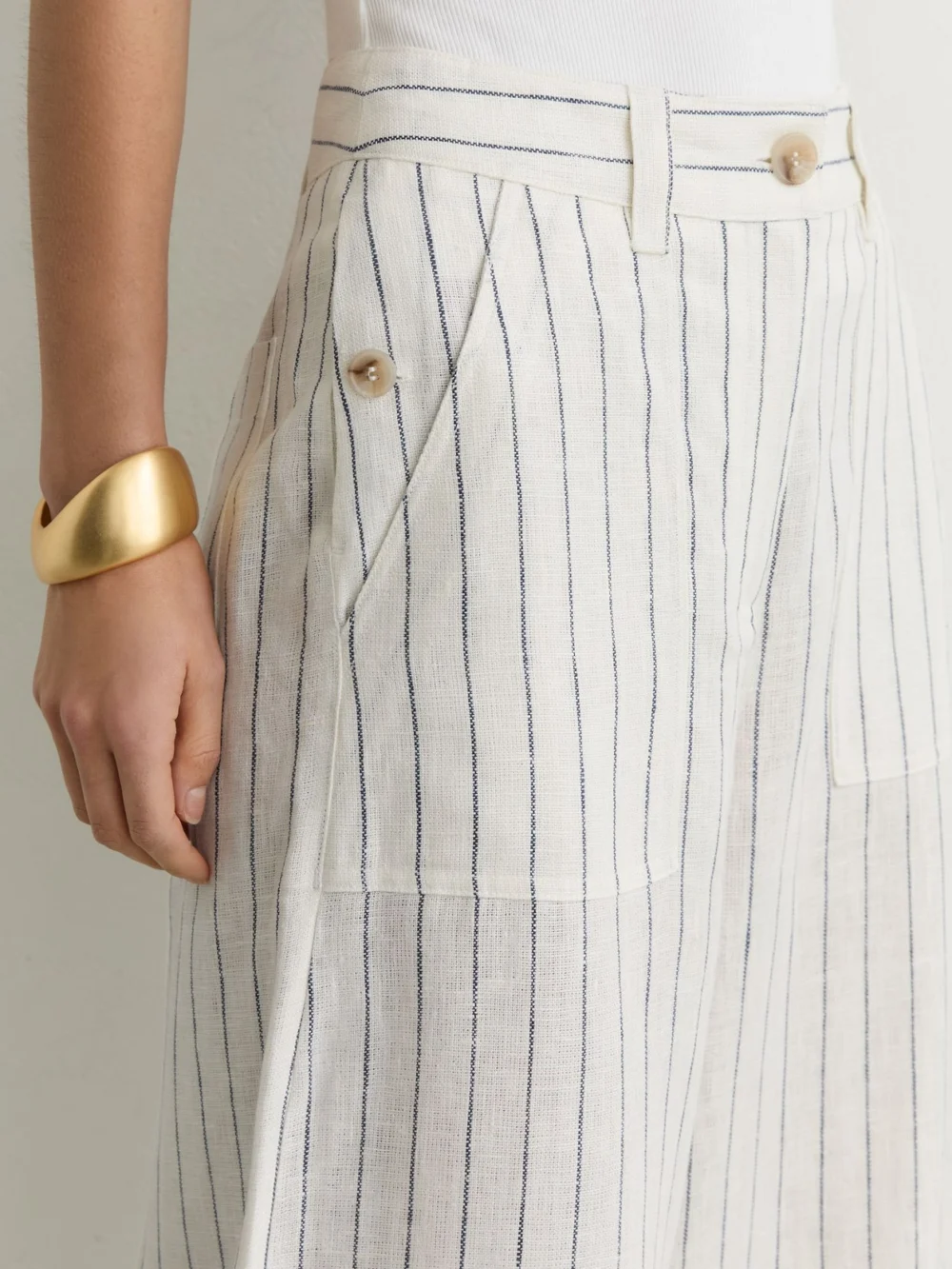 Reiss White & Navy Linen Wide Leg Trousers, view 4
