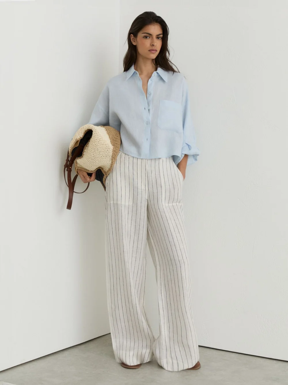 Reiss White & Navy Linen Wide Leg Trousers, view 5