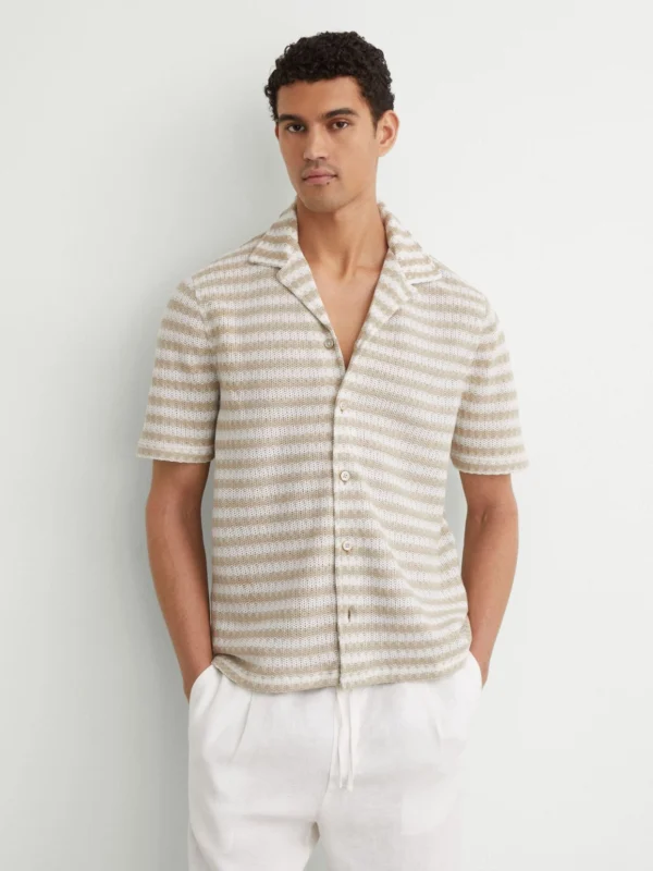 Reiss White & Oatmeal Striped Crochet Cuban-collar Shirt