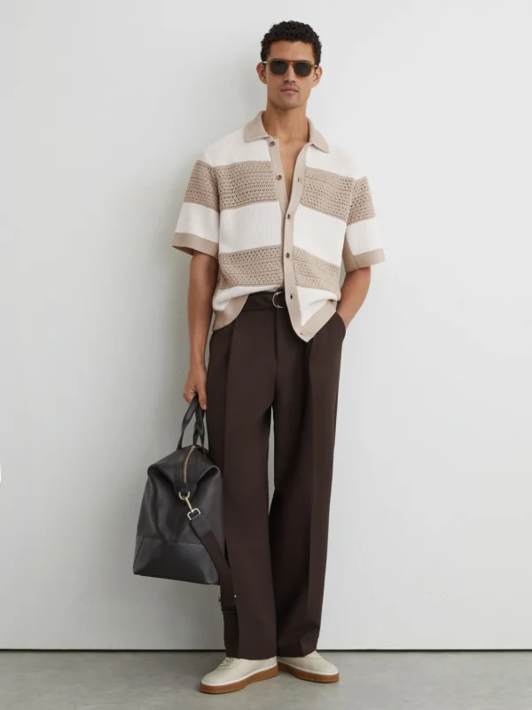 Reiss White & Stone Cotton Block-stripe Knitted Shirt