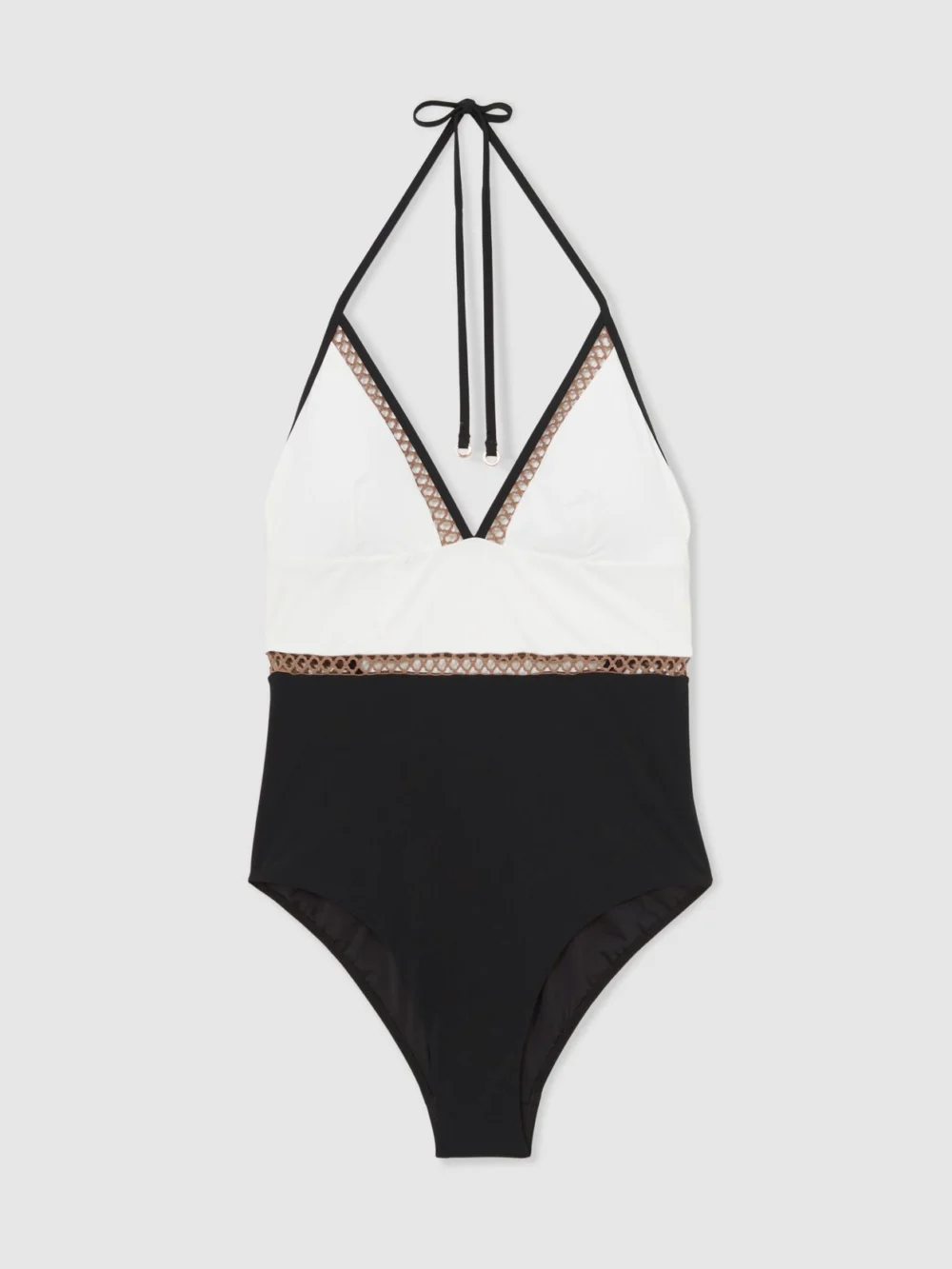 Reiss White & Tan Colour-block Lattice-trim Swimsuit, view 2
