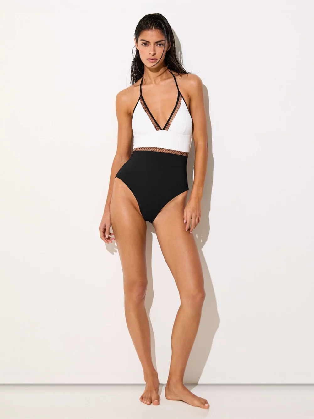 Reiss White & Tan Colour-block Lattice-trim Swimsuit, view 3