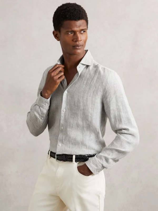 Reiss White & Thyme Green Stripe Linen Long-sleeve Shirt Regular-fit