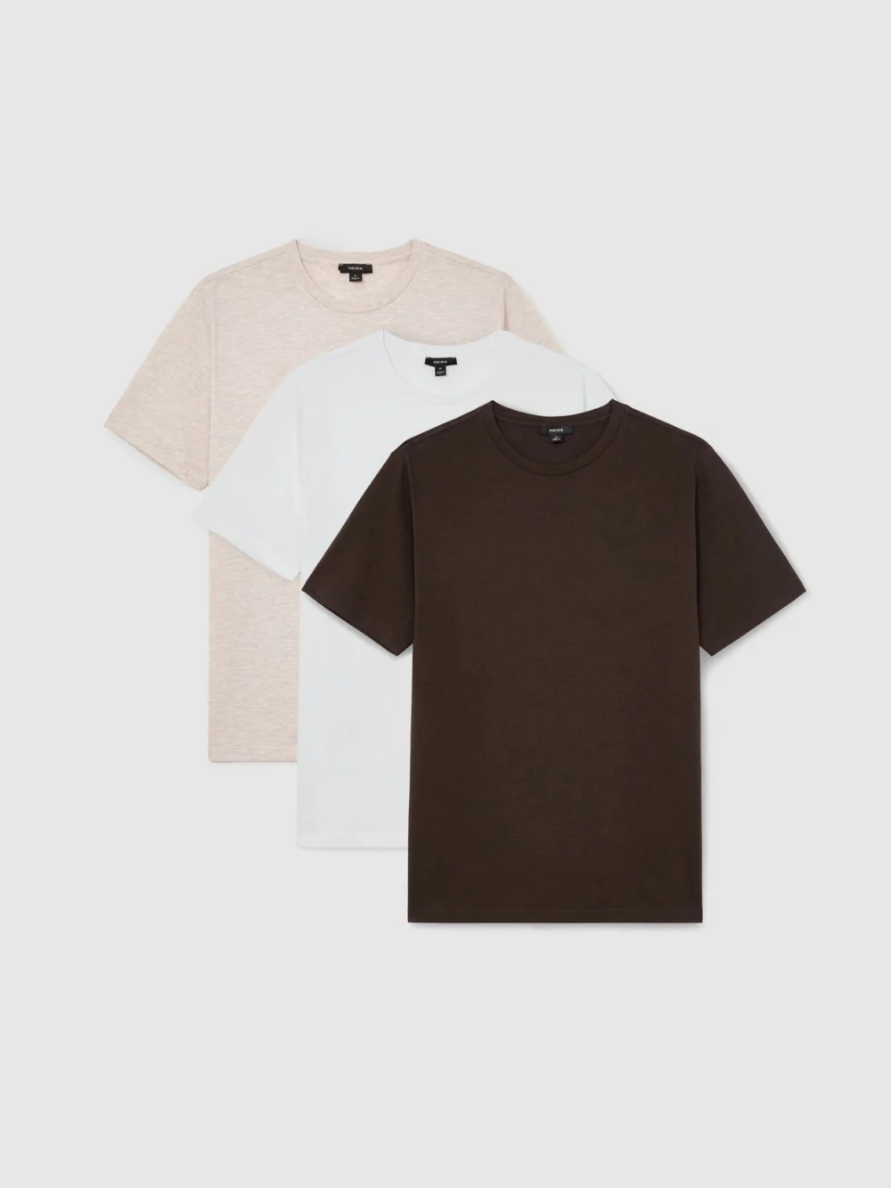 Reiss White & Wheat Melange & Coco Brown Bless Pack Cotton Crew-neck Tailored-fit T-shirts-pack, view 2