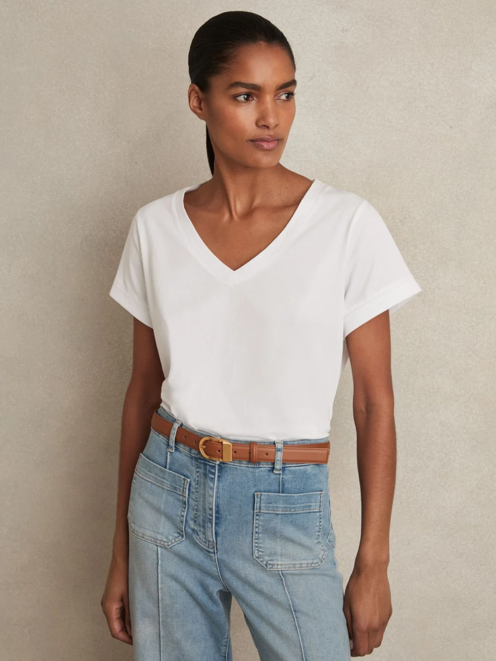 Reiss White Brushed-cotton V-neck T-shirt, view 3