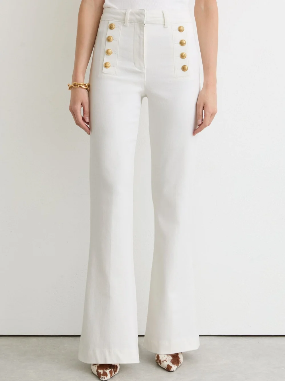 Reiss White Button-detail High-rise Flared Jeans, view 3