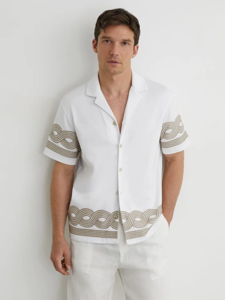 Reiss White Cotton-blend Embroidered Cuban-collar Shirt