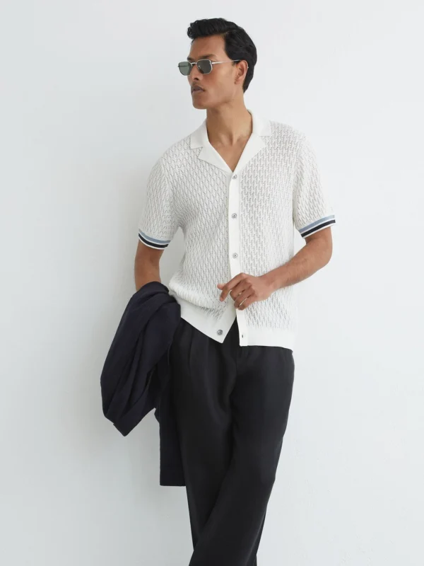 Reiss White Cotton-blend Geometric-knit Tipped Shirt