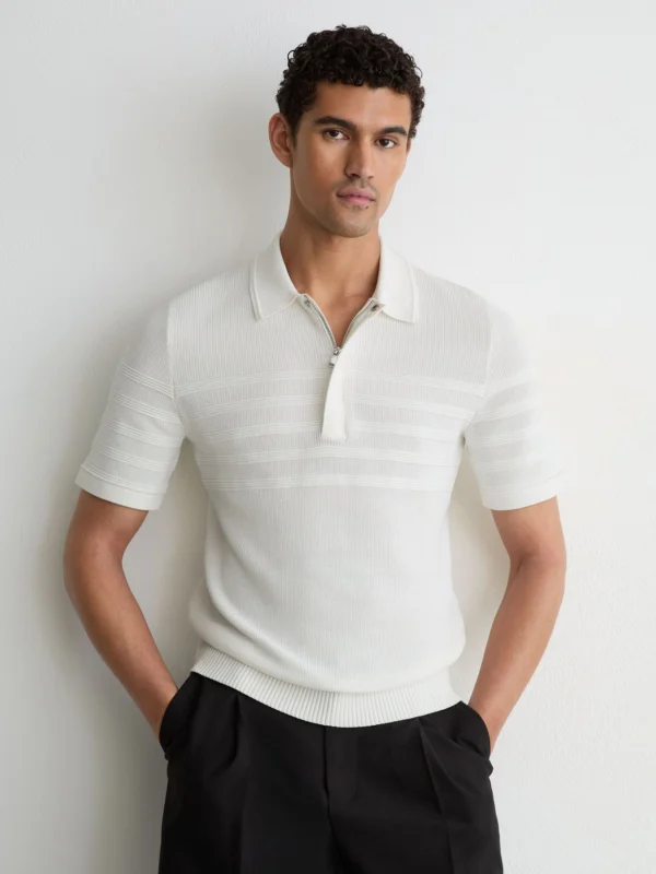 Reiss White Cotton-blend Textured-knit Half-zip Polo Shirt