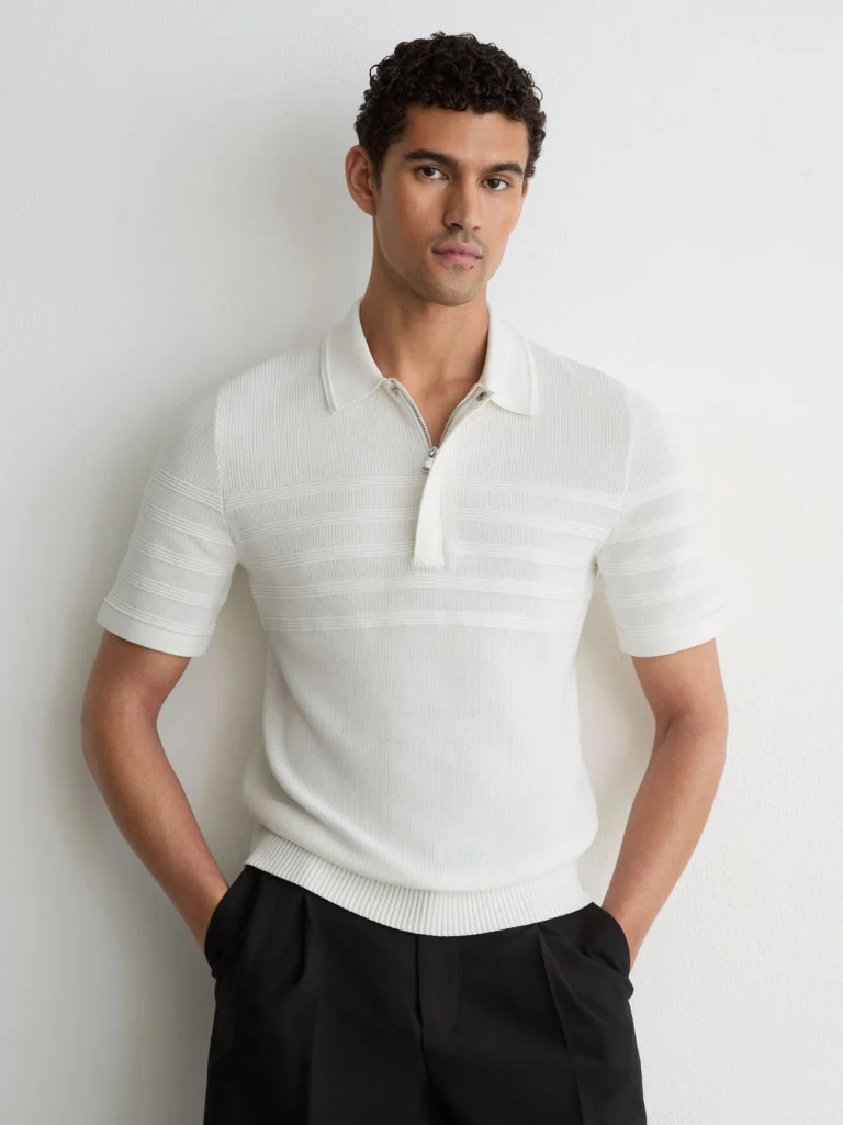 Reiss White Cotton-blend Textured-knit Half-zip Polo Shirt