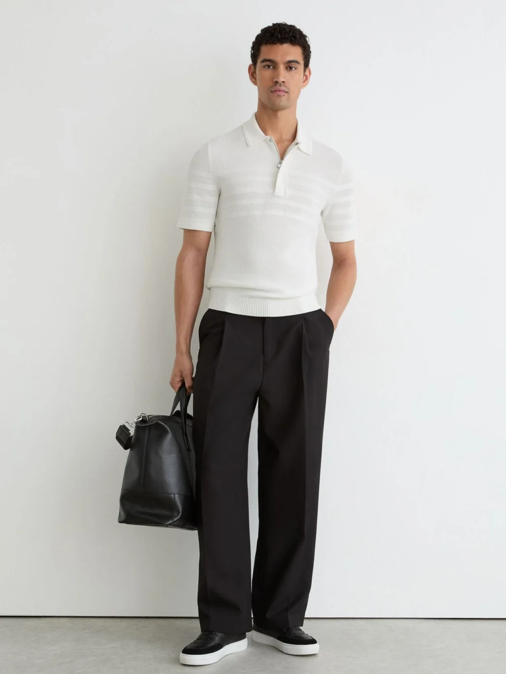 Reiss White Cotton-blend Textured-knit Half-zip Polo Shirt, view 4